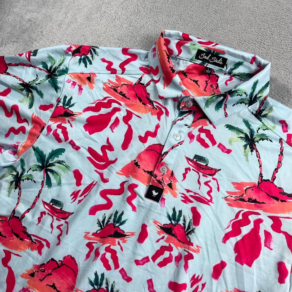 Bad Birdie Mens Golf Polo Shirt Large Tropical Island Palm Tree Pink Blue